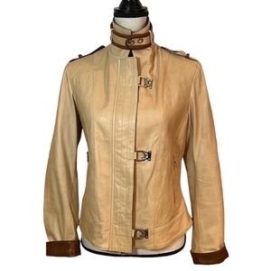 Women's Beige Leather Buckle-Front Jacket